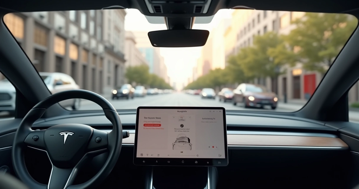 Carro Tesla em alta resolução mostrando painel digital com alerta do sistema Autopilot desativado 
