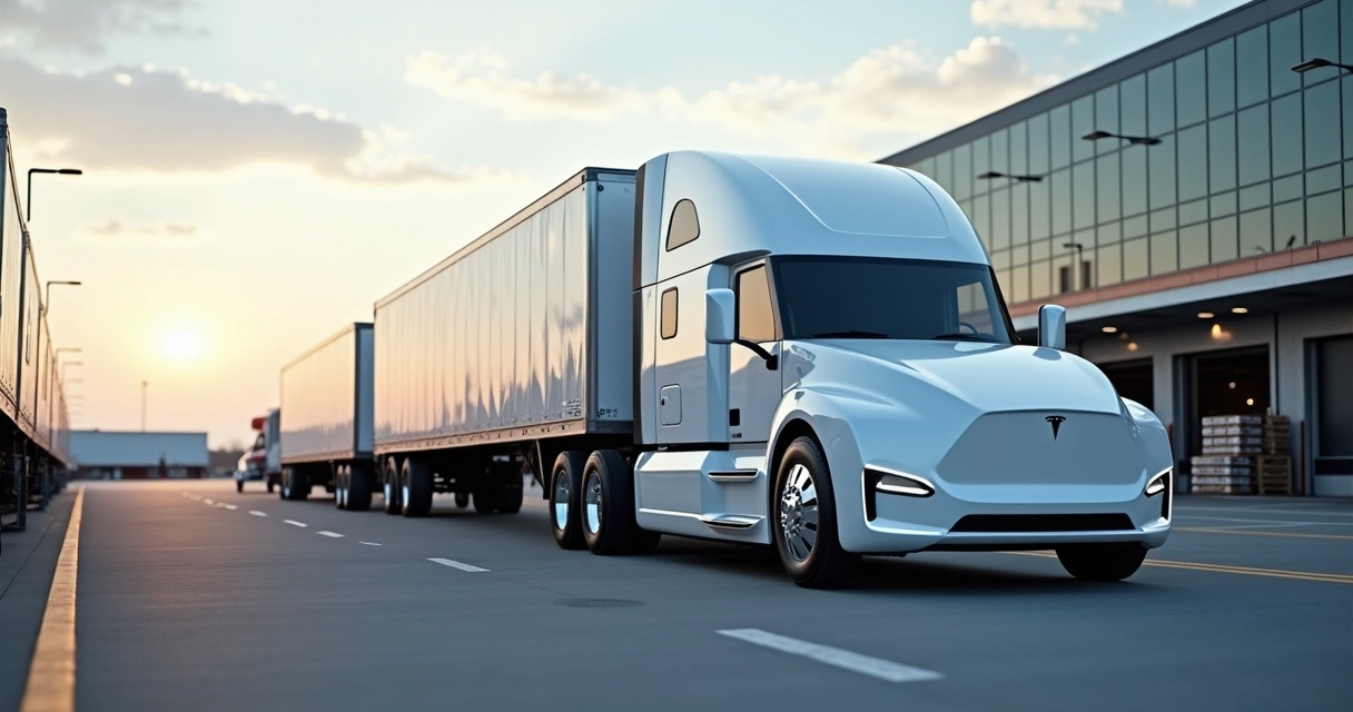 Caminhão Tesla Semi em frente a terminal de cargas moderno nos Estados Unidos 