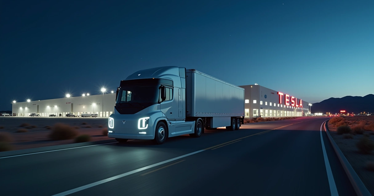 Tesla Semi em movimento passando em frente à Gigafactory Nevada iluminada à noite 