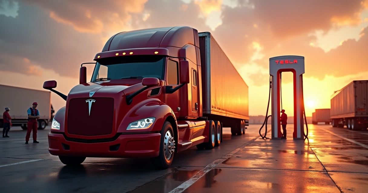 Tesla Semi sendo recarregado em estação elétrica ultrarrápida em ambiente industrial 