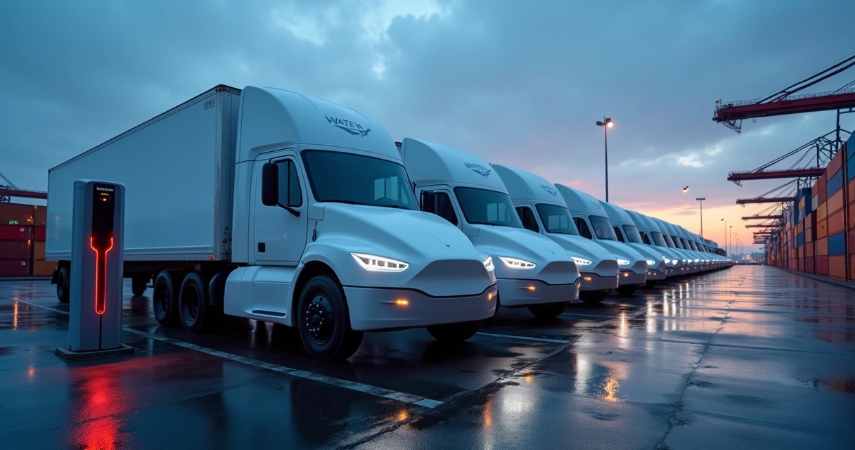 Fila de Tesla Semi da WattEV alinhados em estação elétrica no porto de Oakland à noite 