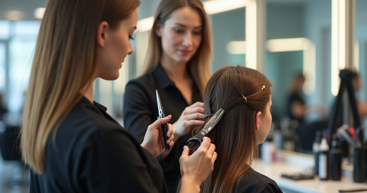 Profissional usando tesoura fio laser e navalha para cortar cabelo 