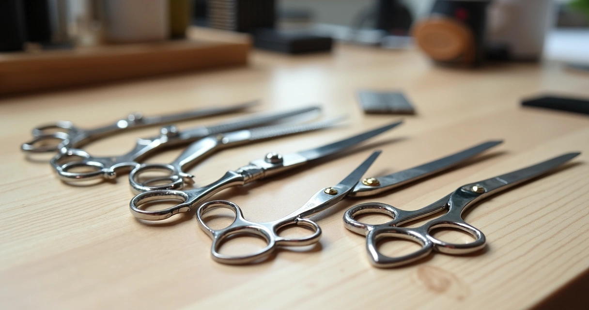 Tesouras de corte e desbaste sobre uma mesa de madeira clara. 