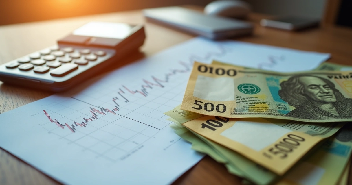 Notas de dinheiro real espalhadas sobre uma mesa de madeira junto com gráficos financeiros 