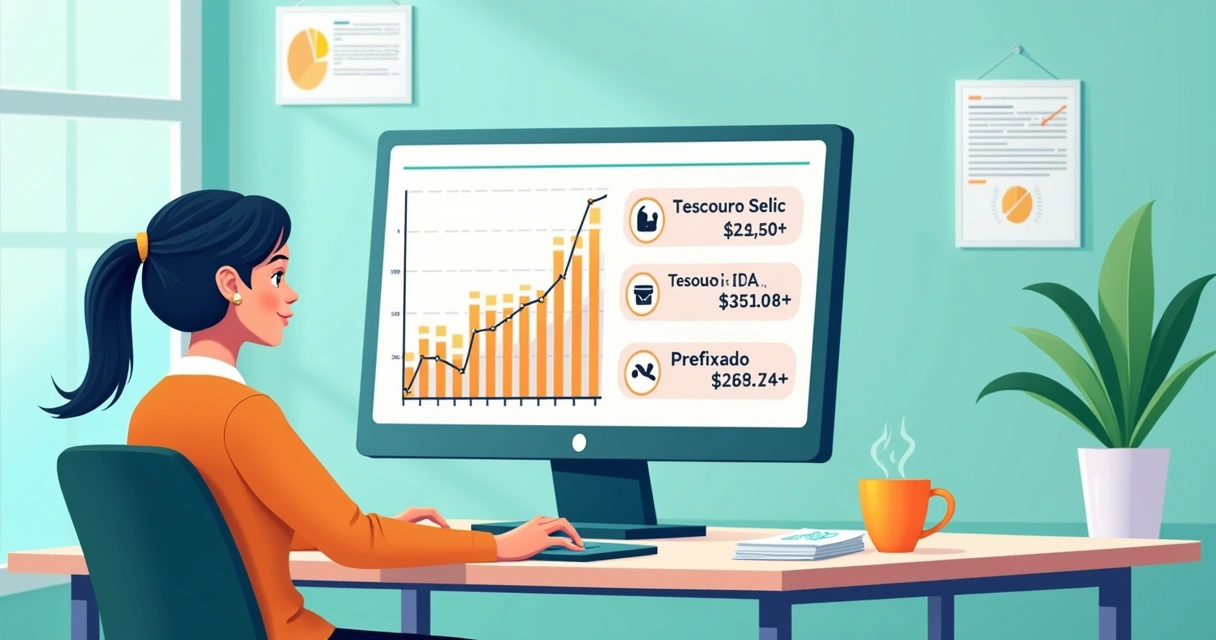 Pessoa monitorando investimentos em títulos públicos pelo computador 