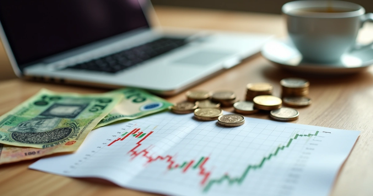 Notas e moedas de dinheiro ao lado de gráficos financeiros em uma mesa de madeira clara 