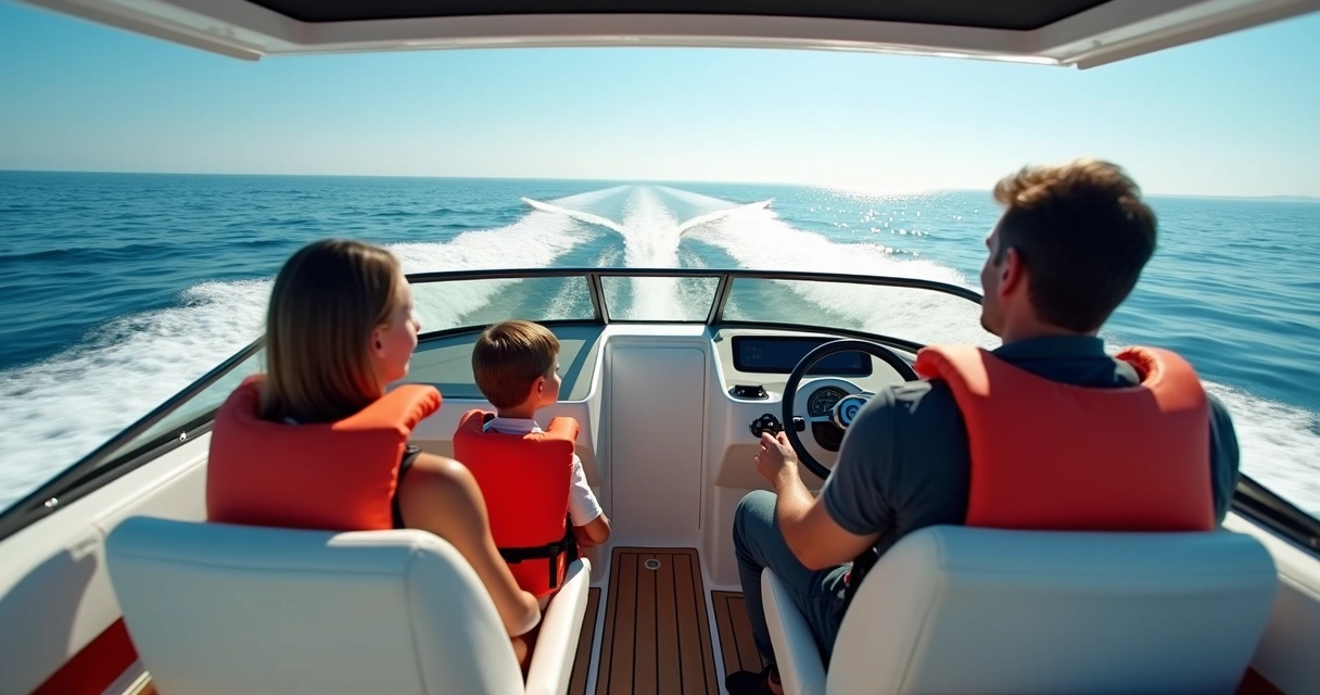 Family test-driving a boat at sea 