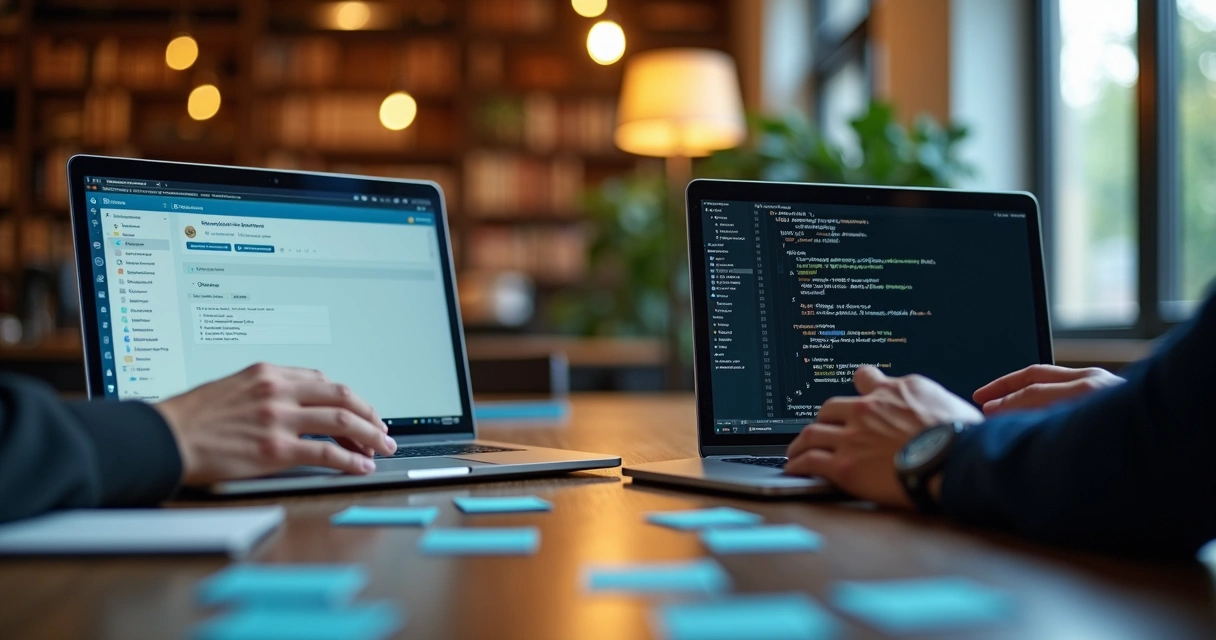 Developers collaborating on a small project via screens 