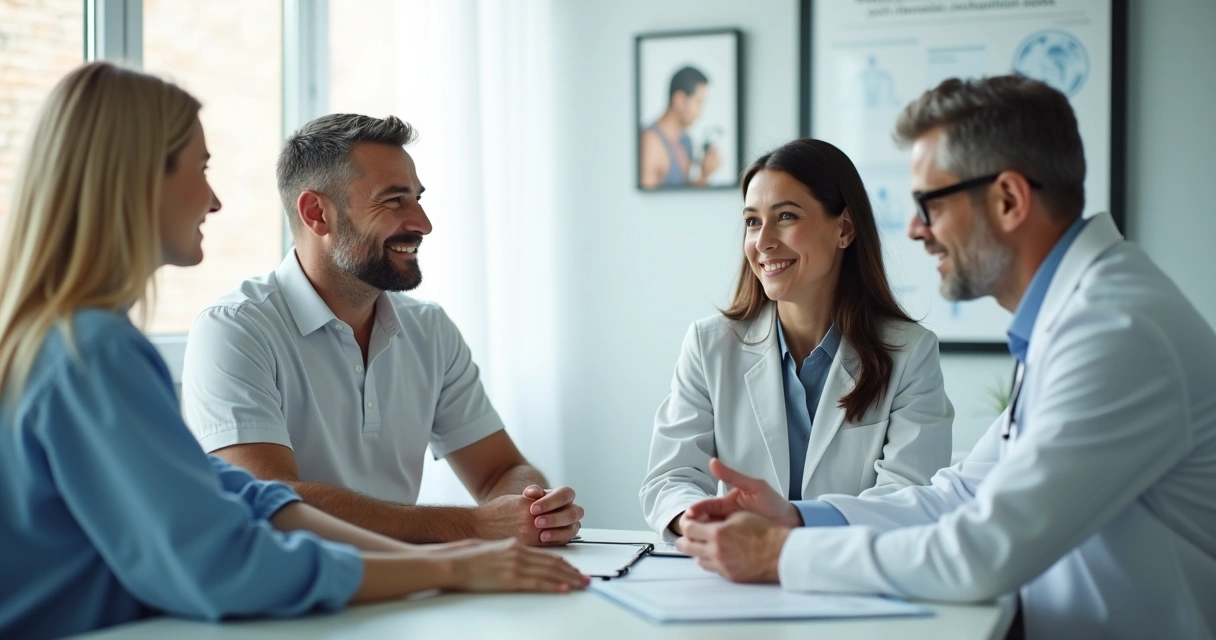 Casal conversando com profissional de saúde durante consulta de testagem de ISTs 