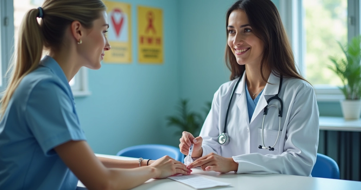 Profissional de saúde realizando teste rápido de HIV em uma sala de atendimento 