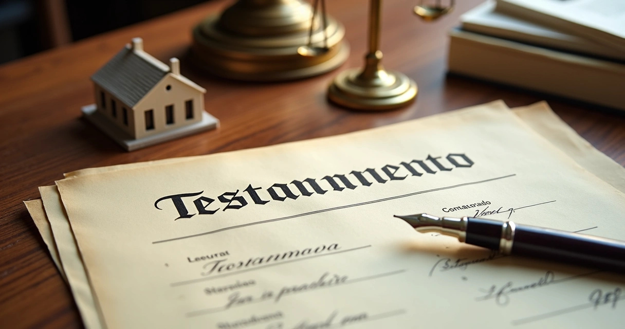 Mesa com testamento aberto em destaque e miniatura de casa ao lado 