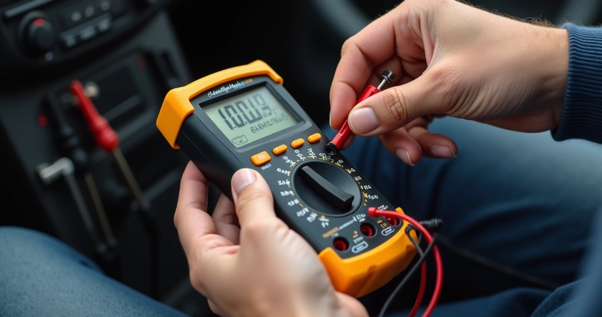 Pessoa testando fio elétrico do carro com multímetro digital
