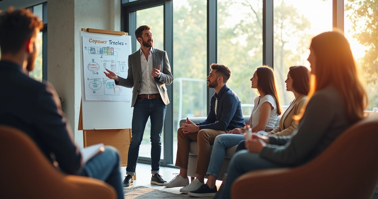 Empreendedor apresentando ideia para grupo de consumidores em ambiente moderno 