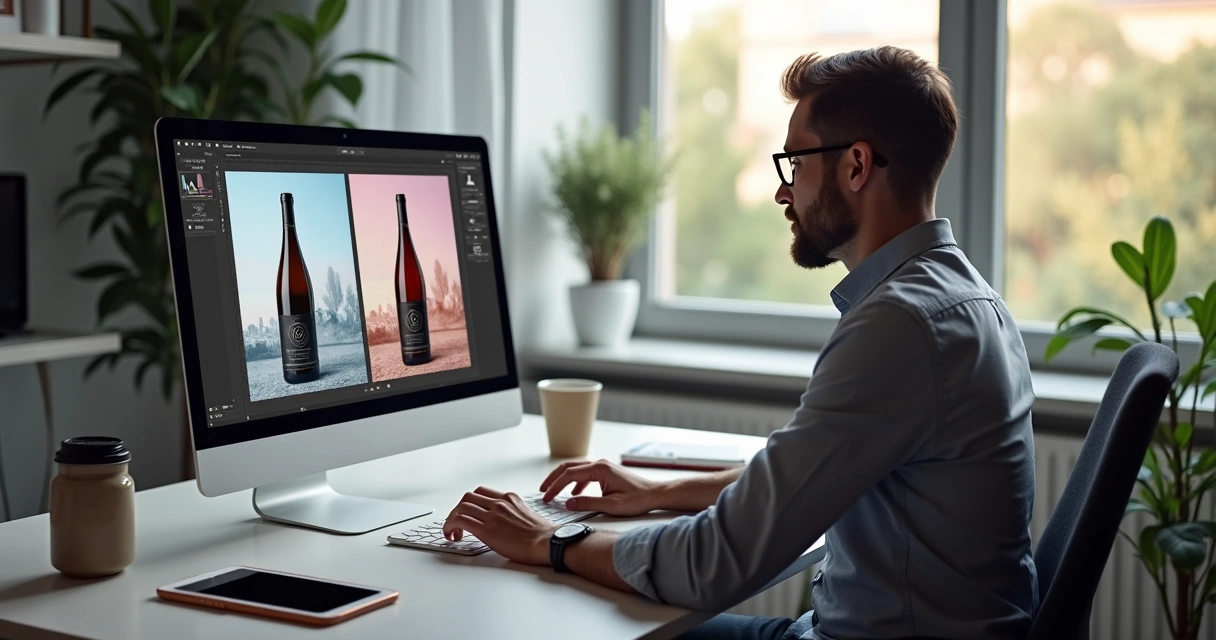Pessoa testando editor de foto de produto com computador