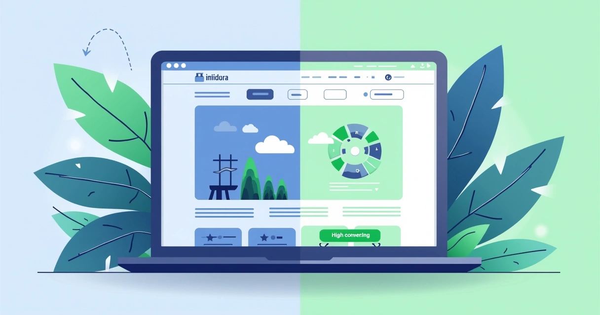 Duas versões de uma landing page lado a lado, uma com foto e outra com ilustração, em tons azul e verde 