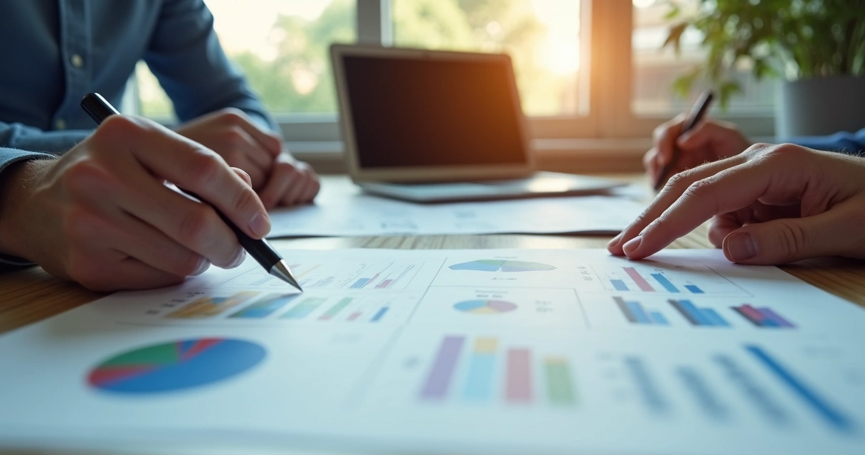 Duas pessoas analisando anotações e gráficos em uma mesa, computador ao fundo 