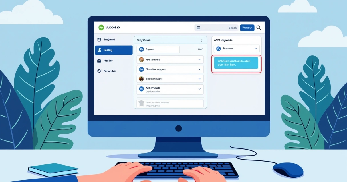 Tela do Bubble mostrando configuração de API Connector com campos preenchidos e resposta da API em destaque 