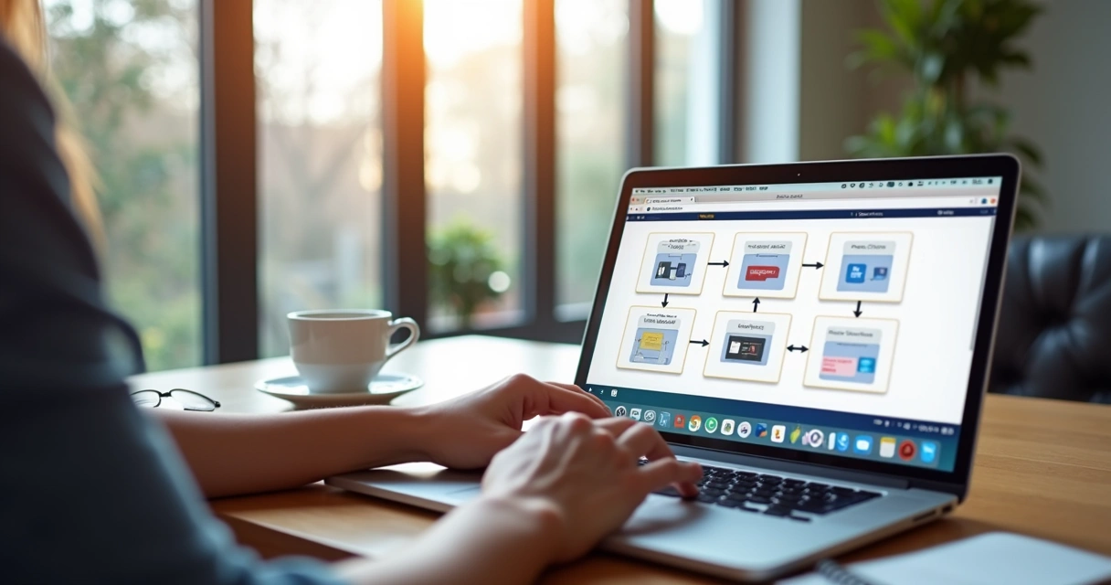 Pessoa testando aplicativo MVP low-code em laptop moderno com interface de software na tela 