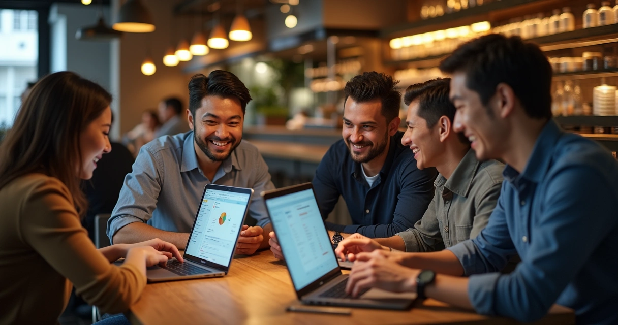 Equipe de restaurante testando software de gestão juntos 
