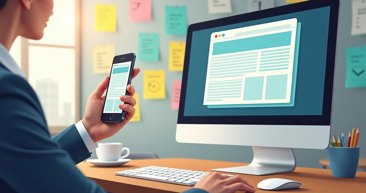 Tela de computador mostrando site sendo testado em smartphone 