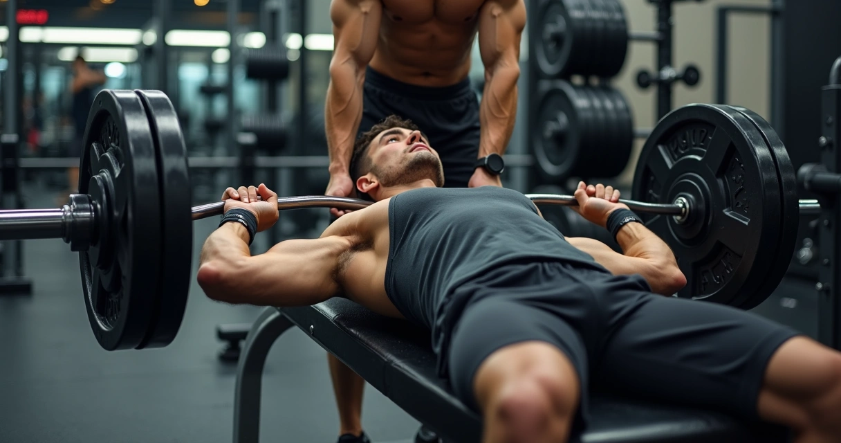 Treinador ajudando aluno a testar carga máxima no supino em academia moderna 