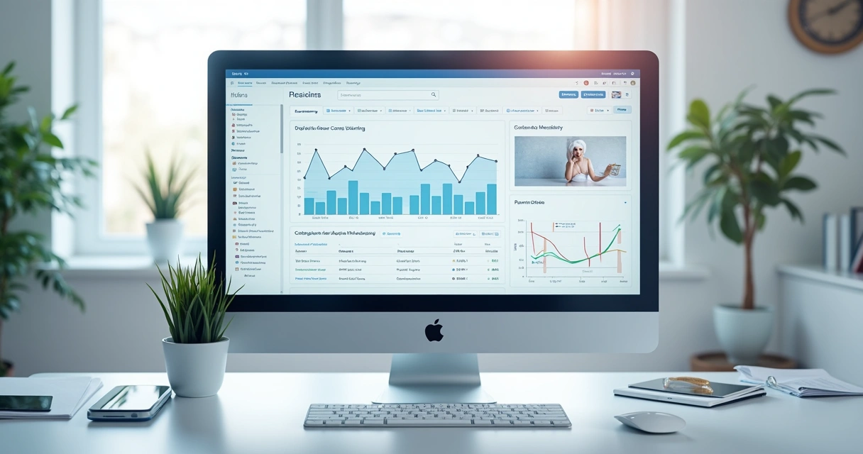 Dashboard de testes A/B de anúncios médicos em tela de computador 