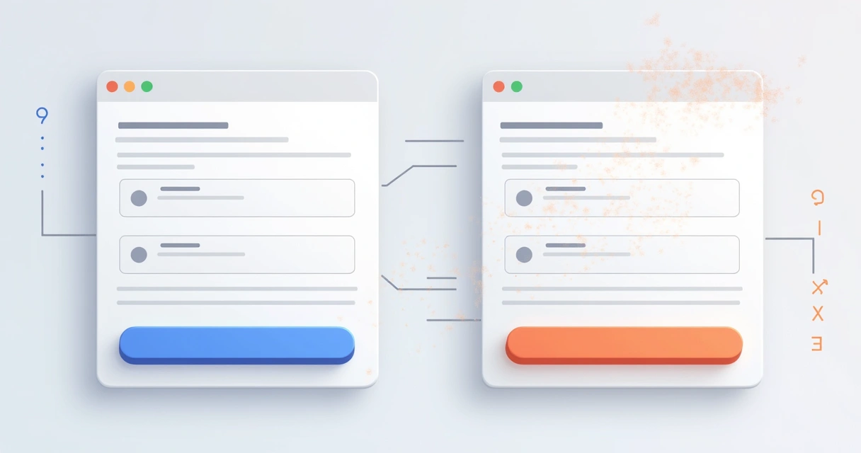 Ilustração de um teste A/B em uma landing page com botões de cores diferentes, representando otimização de conversão 