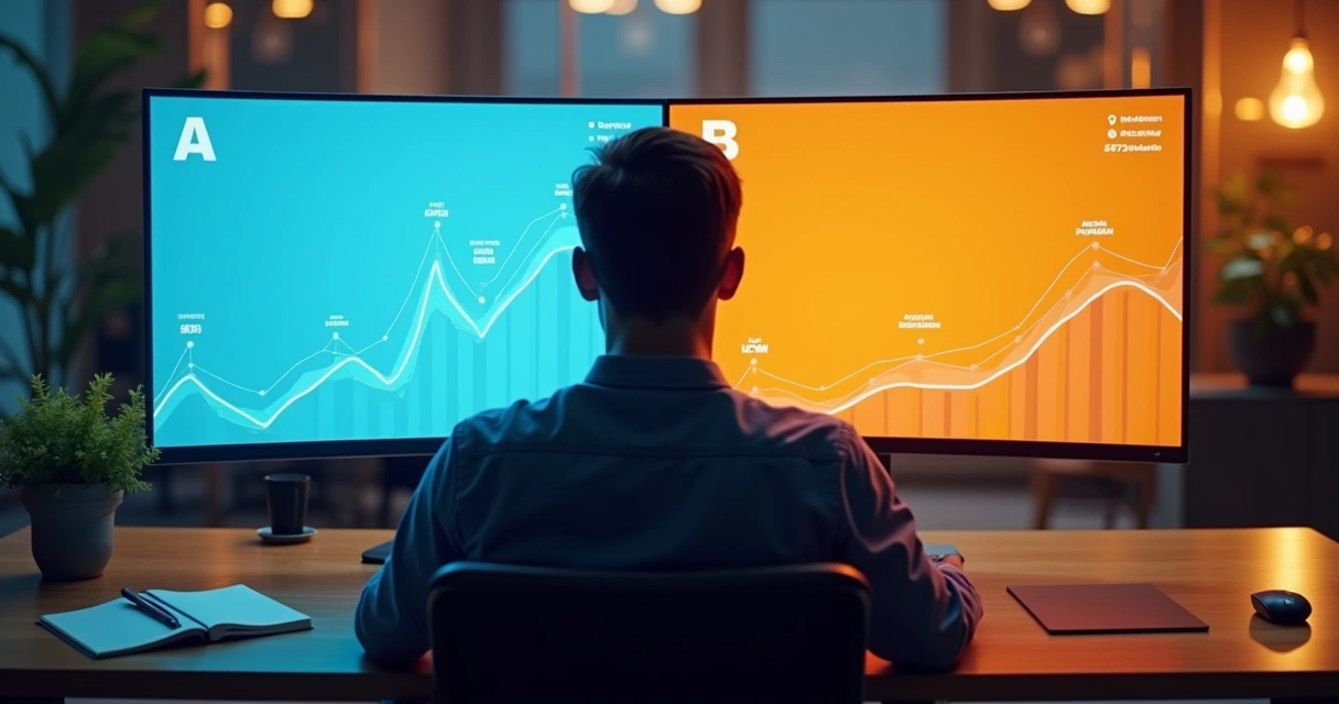 Usuário diante de duas versões de site em teste A/B na mesma tela 