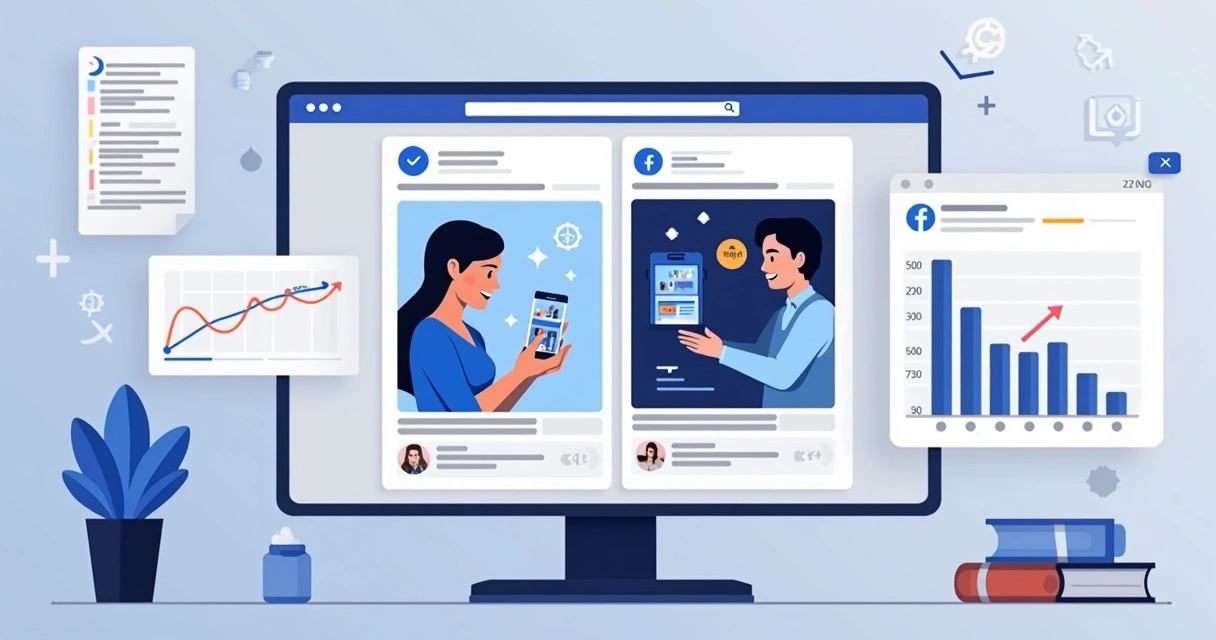 Exemplo visual de teste A/B em anúncios do Facebook mostrando variações de criativo e público 
