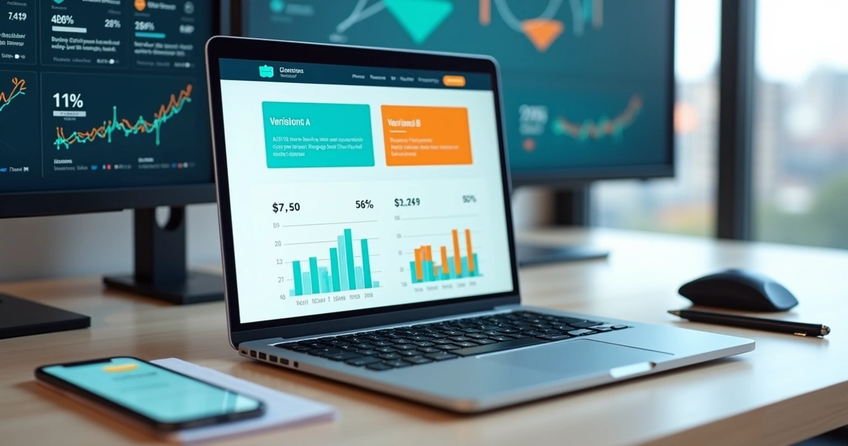 Dashboard de A B testing em página de vendas no notebook com gráficos de conversão 