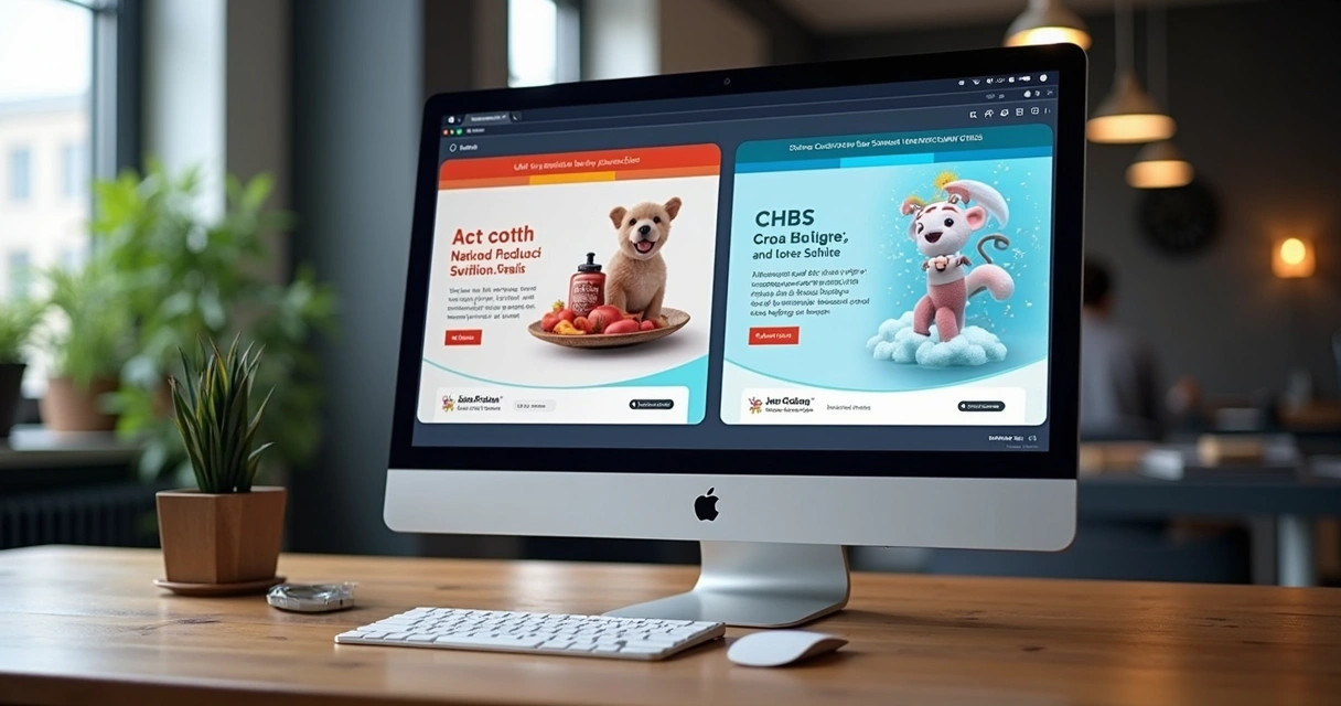 Dois anúncios diferentes lado a lado em tela de computador representando teste A/B 