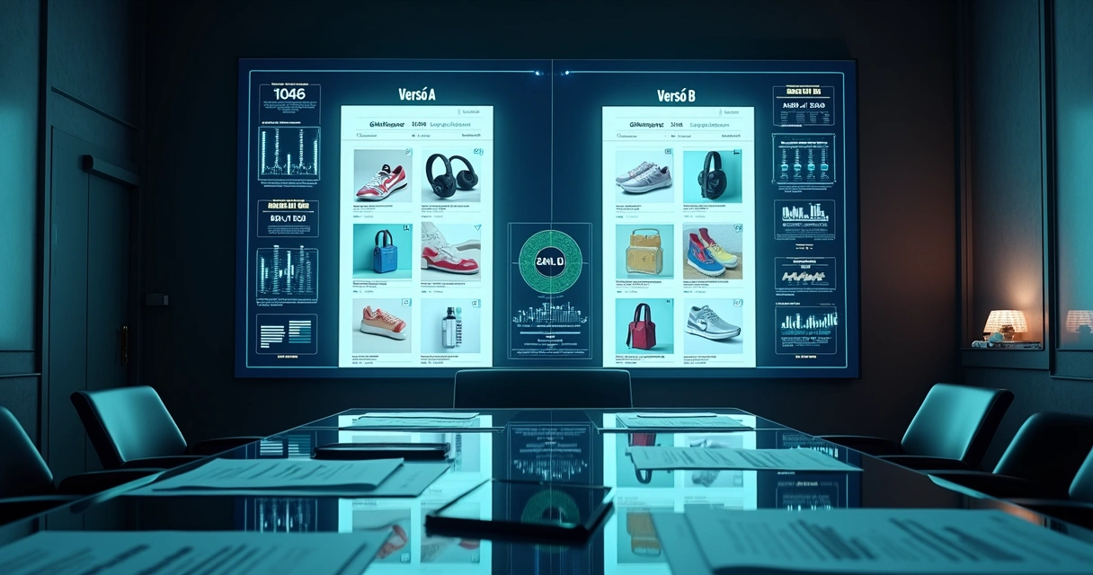 Painéis digitais mostrando duas versões de fotos de produtos com gráficos de conversão 