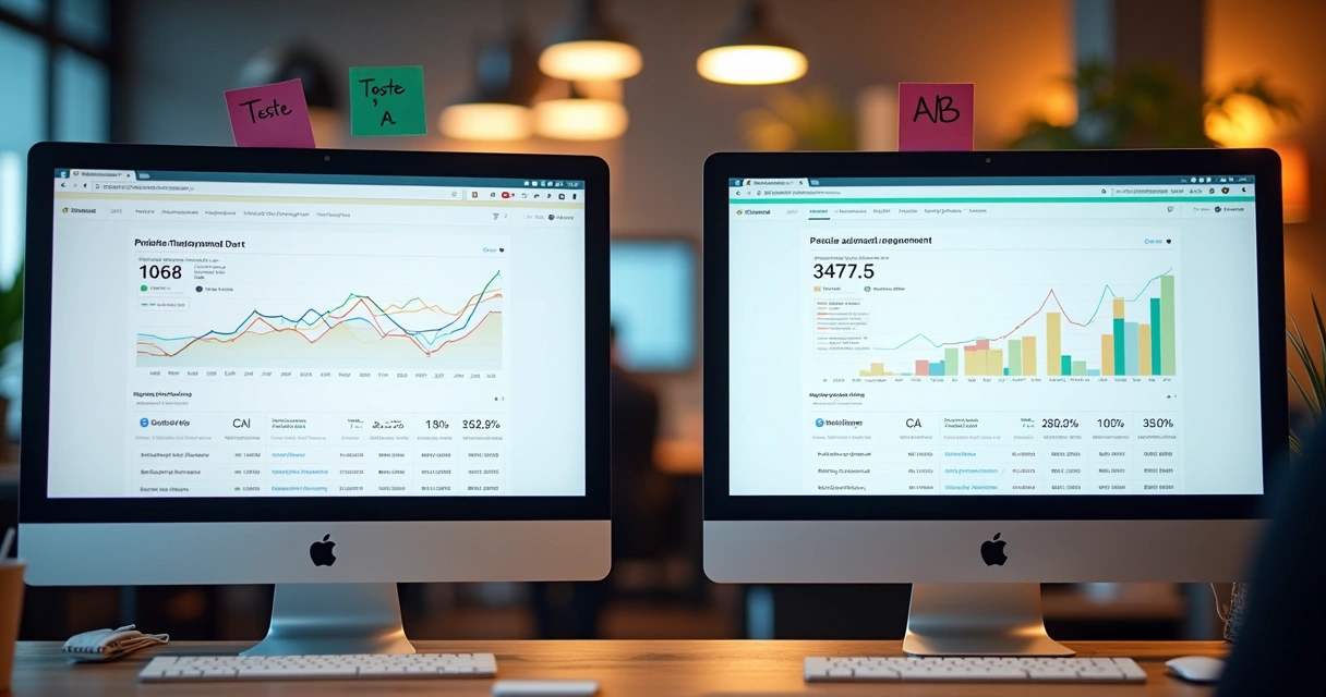 Duas versões de uma landing page lado a lado sendo comparadas em teste A/B 
