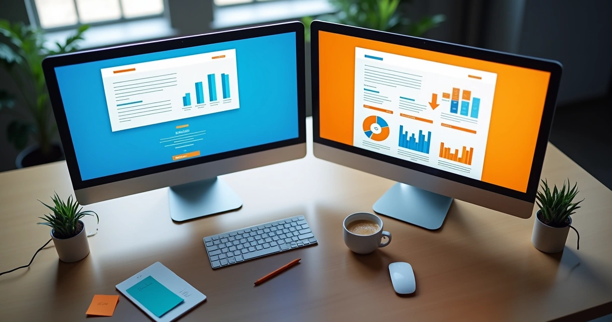 Dois layouts de página sendo comparados em tela de computador 