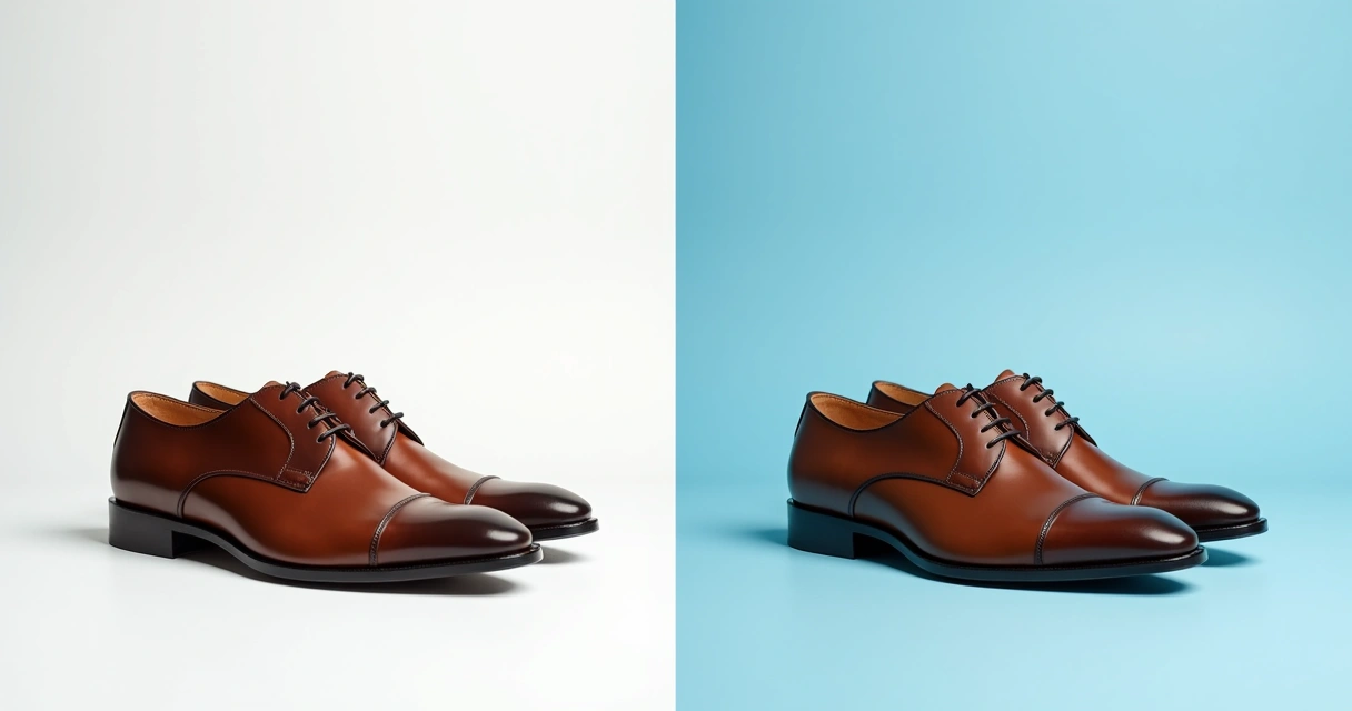 Montagem mostrando o mesmo produto, um lado com fundo branco, outro com fundo azul 