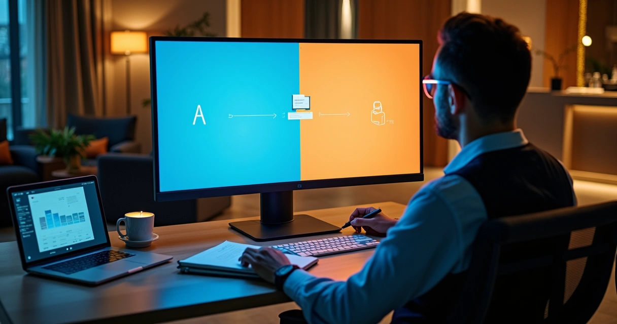 Gestor de hotel compara duas versões de site em tela dividida 