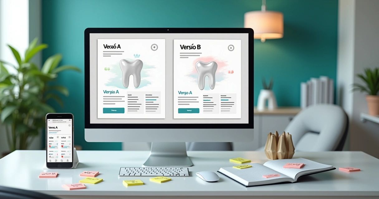 Monitor exibindo teste A/B de anúncios odontológicos com variantes destacadas 