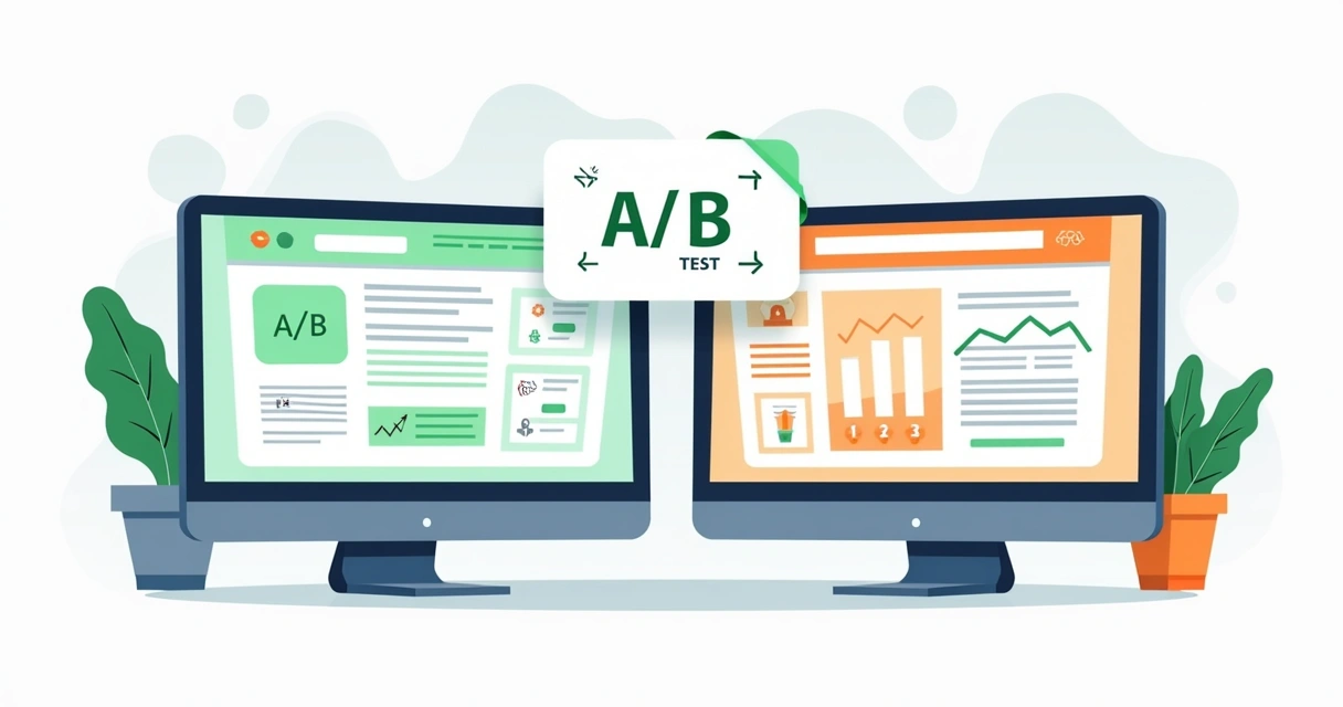 Ilustração comparando duas versões de landing page com métricas 