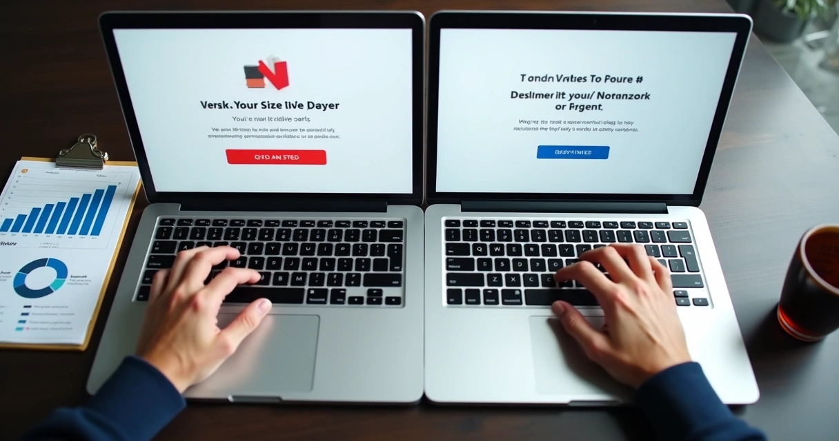 Tela de computador mostrando gráficos de testes A/B em um site institucional 