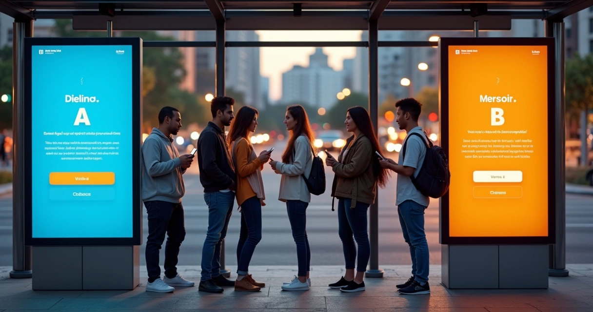 Tela de aplicativo mostrando duas versões A e B avaliadas por pessoas usando smartphone 