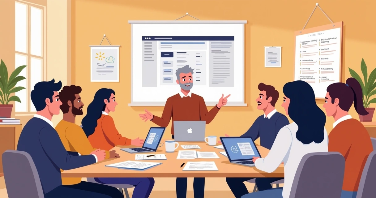 Grupo diversificado de pessoas participando de um teste de aceitação de usuário em um ambiente amigável e colaborativo.