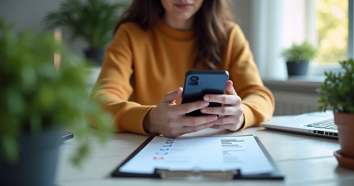 Pessoa testando aplicativo no smartphone e preenchendo pesquisa 
