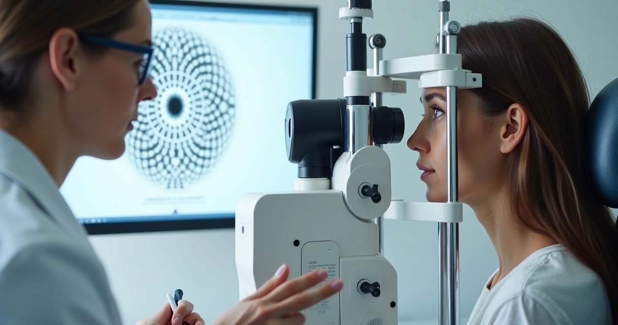 Paciente em exame oftalmológico com teste de astigmatismo projetado em tela 