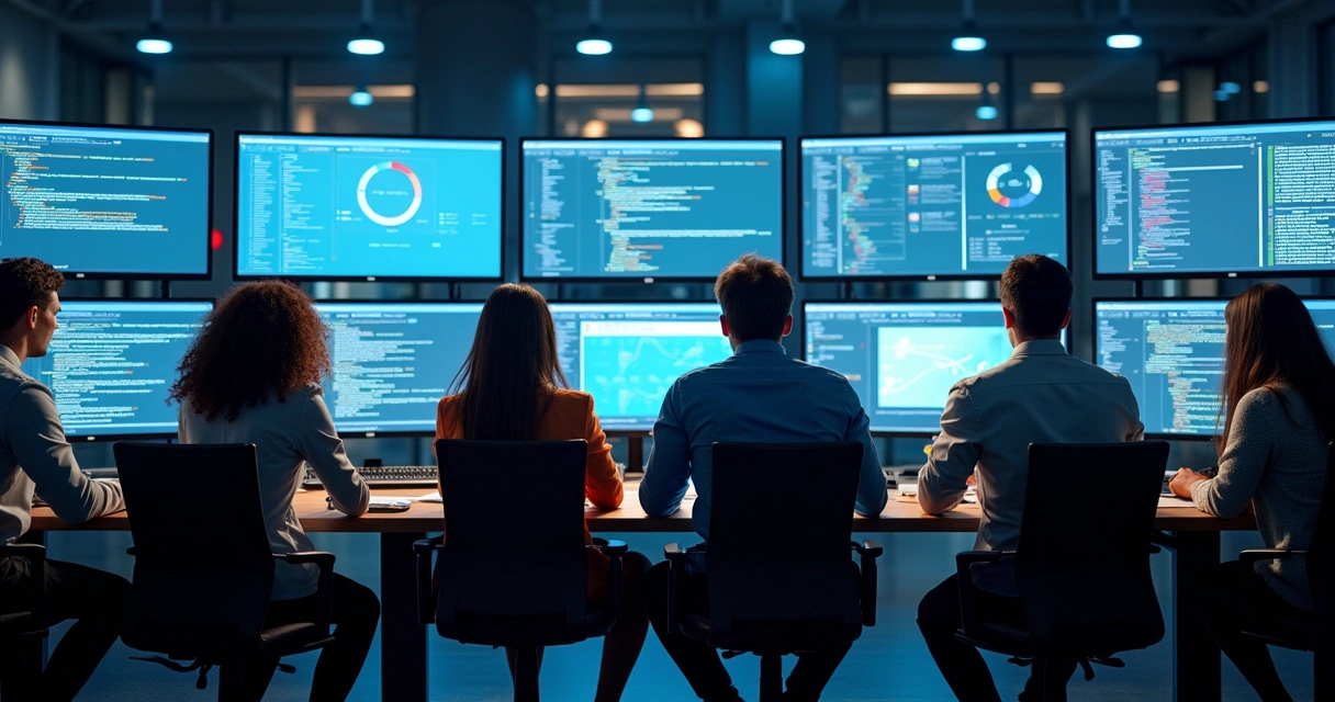 Equipe de tecnologia executando testes automatizados em computadores modernos 