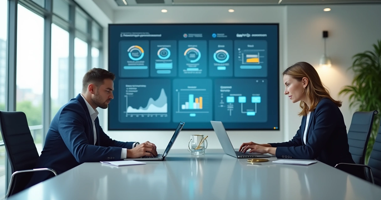 Equipe testando automação em notebooks numa sala de reunião moderna 