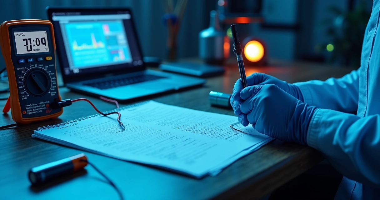 Multímetro testa sensor IoT em bancada técnica.