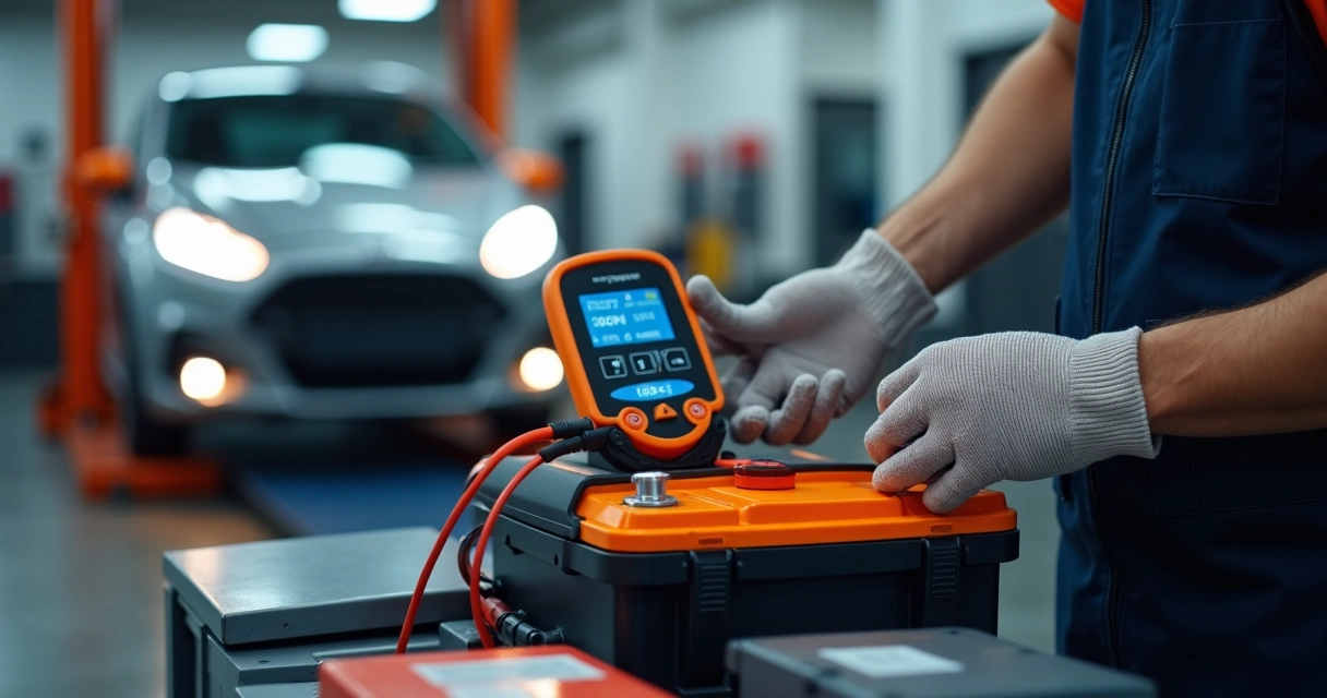 Técnico testando bateria com equipamento digital em oficina automotiva