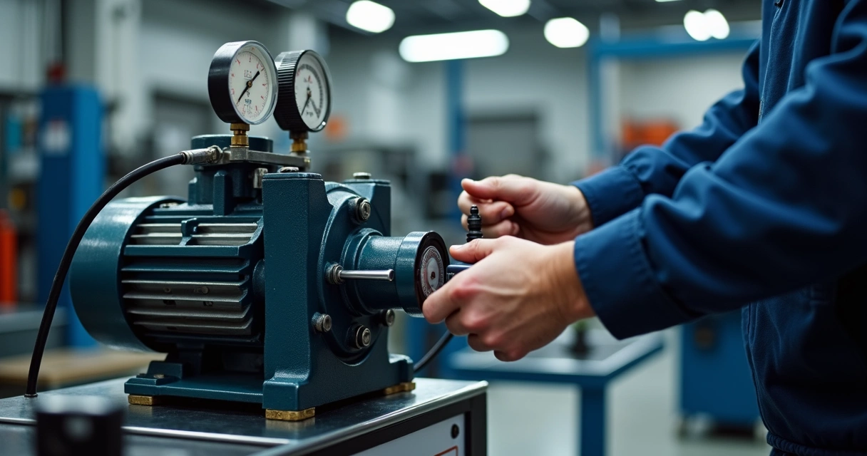 Técnico testando bomba de alta pressão diesel em bancada 