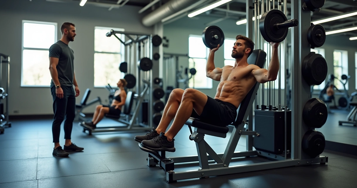 Pessoa realizando teste de carga no leg press com supervisão 