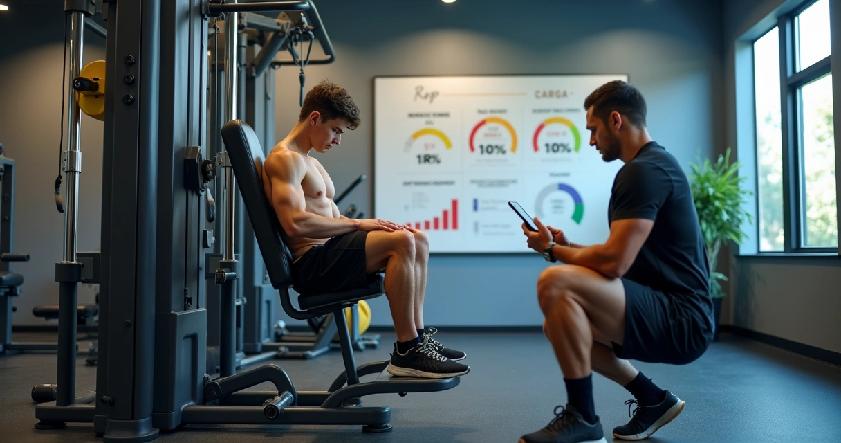 Aluno fazendo teste de carga máxima no leg press em academia moderna 